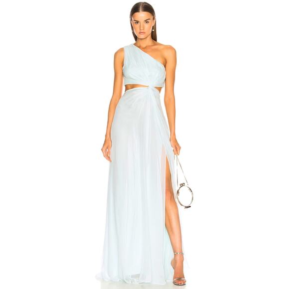 Cinq a Sept Blue Grass Goldie One Shoulder Ruched Cutout Silk Flowy Dress Size 6 - Picture 1 of 8